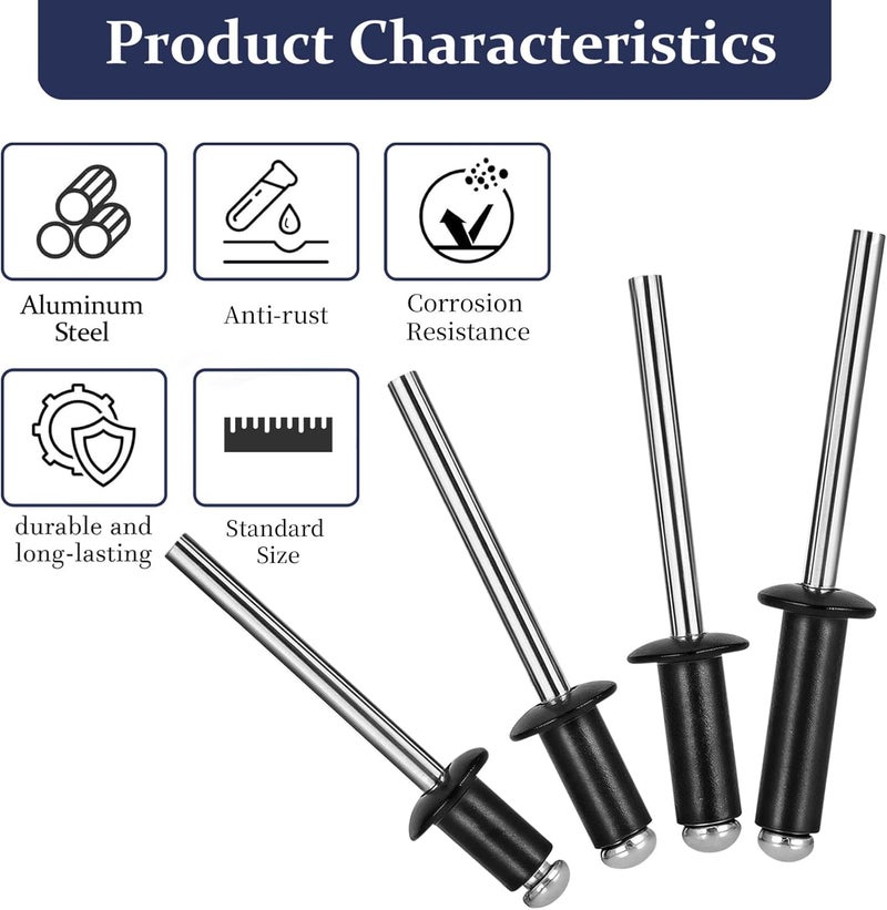 ZQZ 162 Pcs 3/16 Inches Black Pop Rivets Assortment Kit - 4 Sizes Black Aluminum Rivets (3/16" x 5/16", 3/16" x 3/8", 3/16" x 1/2", 3/16" x 5/8"), Black Blind Rivets for Metal Dome Head rivet kit - Image 3